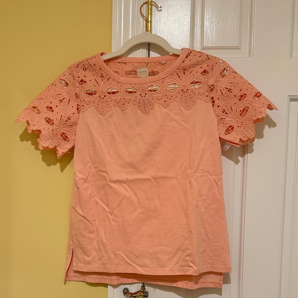 NWT La Vie by Rebecca Taylor Peach Lace Sleeve Blouse